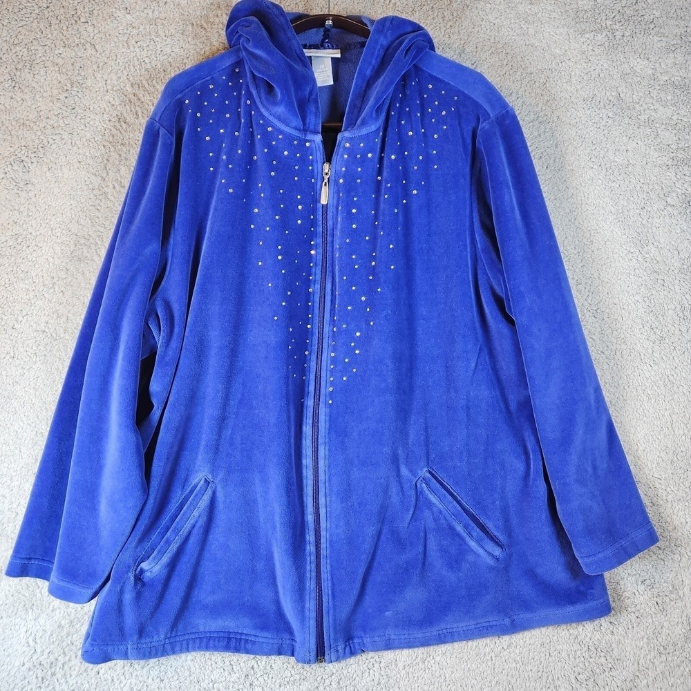 Liz & Me Sport Hoodie Women's 2X Blue Velour Rhinestones Long Sleeve Full Zipper